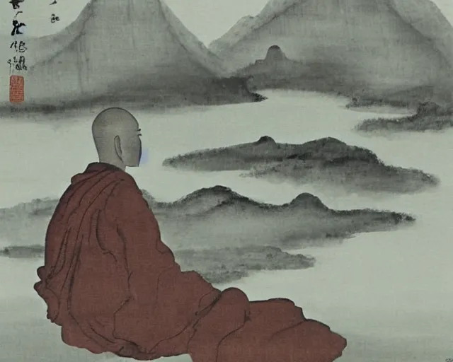 Image similar to zen monk meditating by a river, chinese landscape, traditional chinese ink painting,