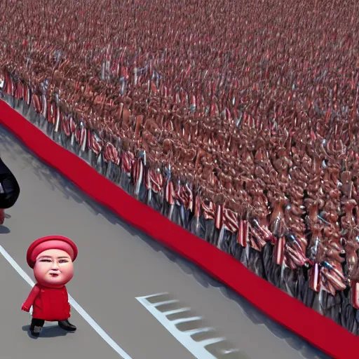 Prompt: screaming kim jong un doll leading a parade of himself octane render