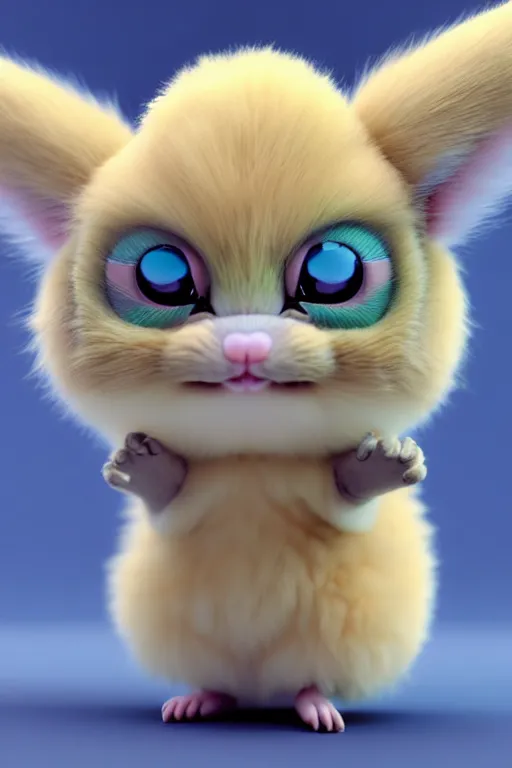 Image similar to high quality 3 d render hyperrealist very cute multipastel fluffy! one - eyed cat tarsier hybrid with detailed fluffy wings!!, vray smooth, in the style of detective pikachu, hannah yata charlie immer, dramatic blue light, low angle, uhd 8 k, sharp focus