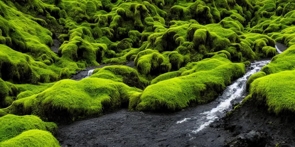 Image similar to photo of a landscape with lush forest, wallpaper, very very wide shot, iceland, new zeeland, green flush moss, national geographic, award landscape photography, professional landscape photography, waterfall, stream of water, hibiscus flowers, big sharp rock, ancient forest, primordial, sunny, day time, beautiful