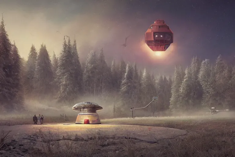 Image similar to a beautiful matte painting of a alien spaceship over the old soviet village simon stalenhag, countryside, slavic and alan bean, trending on artstation, realistic rendering