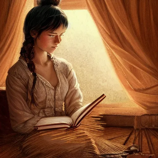 Image similar to village girl reading a book, cinematic, intricate, elegant, highly detailed, digital painting, artstation, concept art, smooth, sharp, focus, illustration, art by artgerm and Johfra Bosschart