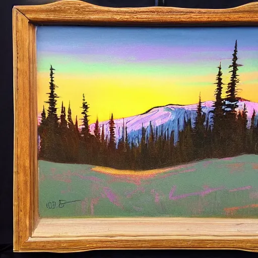 Image similar to beautiful vintage painting, whistler mountain sunset, boho, midcentury, modern, muted pastel colors, top lit, detailed, beautiful solid colors, edge to edge, full frame, intricate, elegant, highly detailed, smooth, sharp focus, high contrast, dramatic lighting, graphic novel, art by bob ross