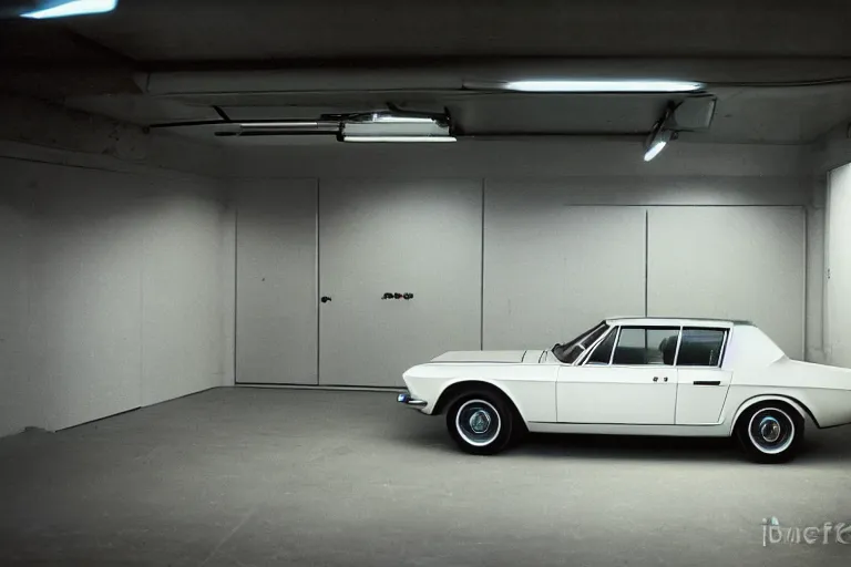 Prompt: single 1964 BMW M1 Lincoln Continental, inside of a minimalist Tokyo garage, ektachrome photograph, volumetric lighting, f8 aperture, cinematic Eastman 5384 film