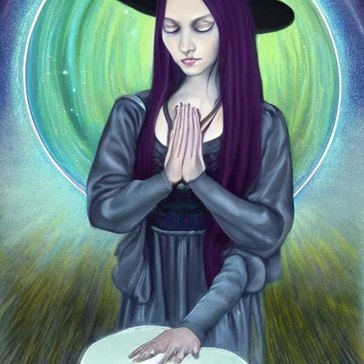 Image similar to a portrait of a beautiful young witch praying a psychic prayer that is surreally becoming real as the pretty mentally insane young witch inquisitively smirks at you. slender, pretty and stunning young witch with long straight hair wearing an English school uniform, with mental insanity imagines an image of a psychic energetic state of lucid reality. ultra detailed painting at 16K resolution and epic visuals. epically surreally beautiful image. amazing effect, image looks crazily crisp as far as it's visual fidelity goes, absolutely outstanding. vivid clarity. ultra. iridescent. mind-breaking. English school uniform-wearing young witch illustrated as a portrait. mega-beautiful pencil shadowing. Ultra High Definition. holy art that looks like it is portraying a normal young lady.