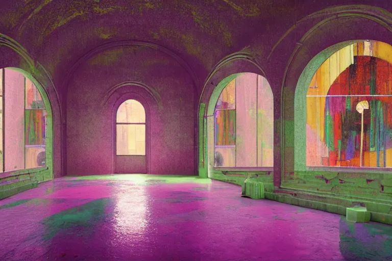 Image similar to abandoned 9 0 s monastery interior with large organic circular windows, rain like a dream, oil painting, cinematic, dramatic, volumetric lighting, cyberpunk, basquiat + francis bacon + gustav klimt + beeple, elevated street art, fantasy lut, textural, pink, blue, purple, green,