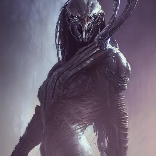 Image similar to predator, darkwave, darksynth character portrait, sharp, digital matte painting, art by luis royo, greg rutkowski, wlop, dramatic lighting, trending on artstation