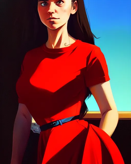 Image similar to hyper - realistic portrait of a girl in a red dress, gta v cover art, celshading, sharp focus, intricate, detailed, by rhads, andreas rocha, makoto shinkai, lois van baarle, ilya kuvshinov and greg rutkowski, by greg rutkowski, dynamic lighting, sharp focus, grunge aesthetic, 4 k