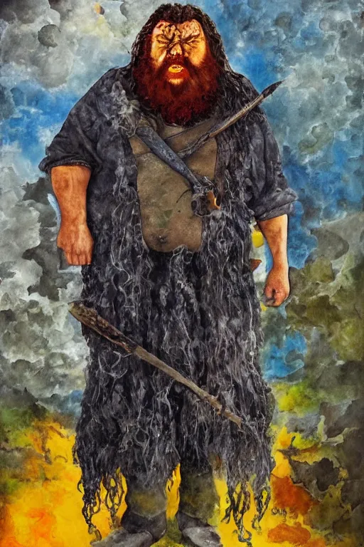 Image similar to surreal a hulking herculean hagrid in a post apocalyptic hellscape, esoteric symbolism, intense emotional power, red yellow black, palette knife oil painting by peter booth and william blake