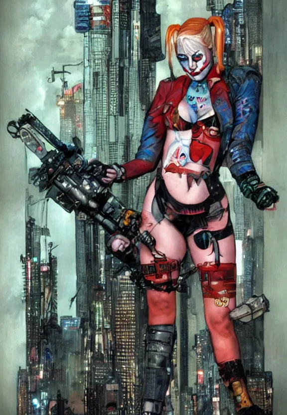 Prompt: a dream portrait of cyberpunk Harley Quinn in post apocalyptic Gotham art by Paul Dini, Joe Chiodo, Simon Bisley