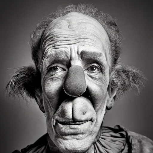 Prompt: an very old clown with a big nose of an alcoholic, fierce look, studio photograph, soft lighting