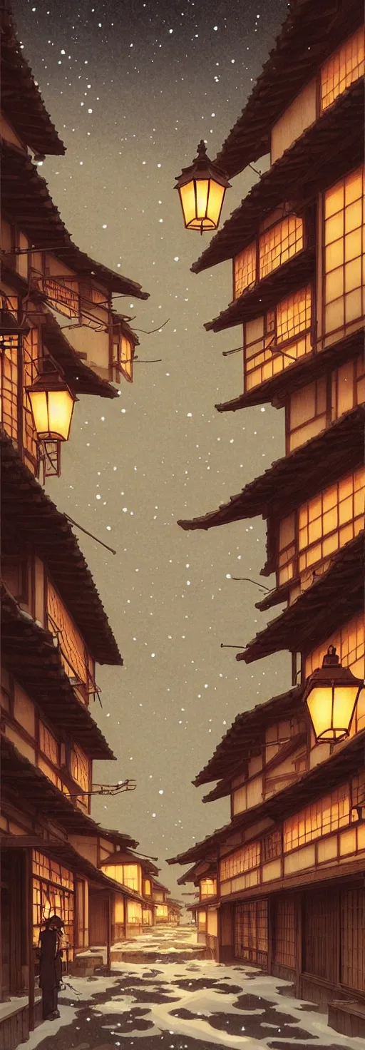 Image similar to empty rural japanese town at night, winter, in the style of studio ghibli, j. c. leyendecker, greg rutkowski, artem