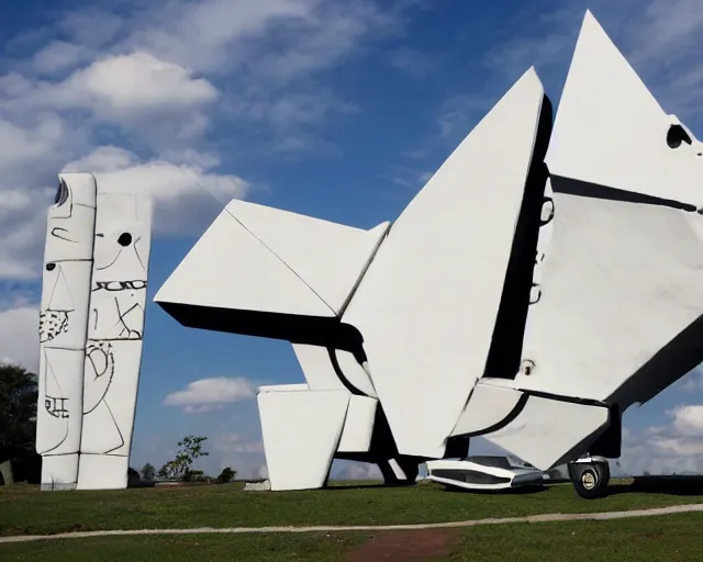 Prompt: photo of minimalist cubist sculpture of curvy spaceship with random small mecha mayan decorations, covered with few large white airplane parts, gigantic size with people visiting