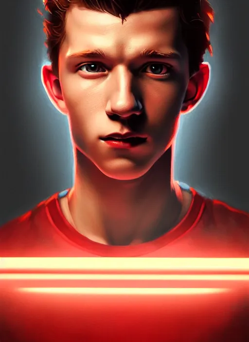 Image similar to portrait of tom holland with hazel eyes, hazel eyes, red shirt, intricate, elegant, glowing lights, highly detailed, digital painting, artstation, concept art, smooth, sharp focus, illustration, art by wlop, mars ravelo and greg rutkowski