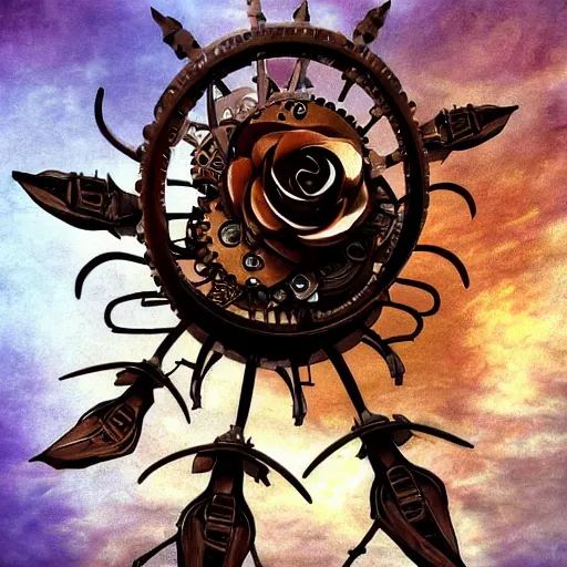 Prompt: giant mechanical rose, steampunk, fantasy art, sky