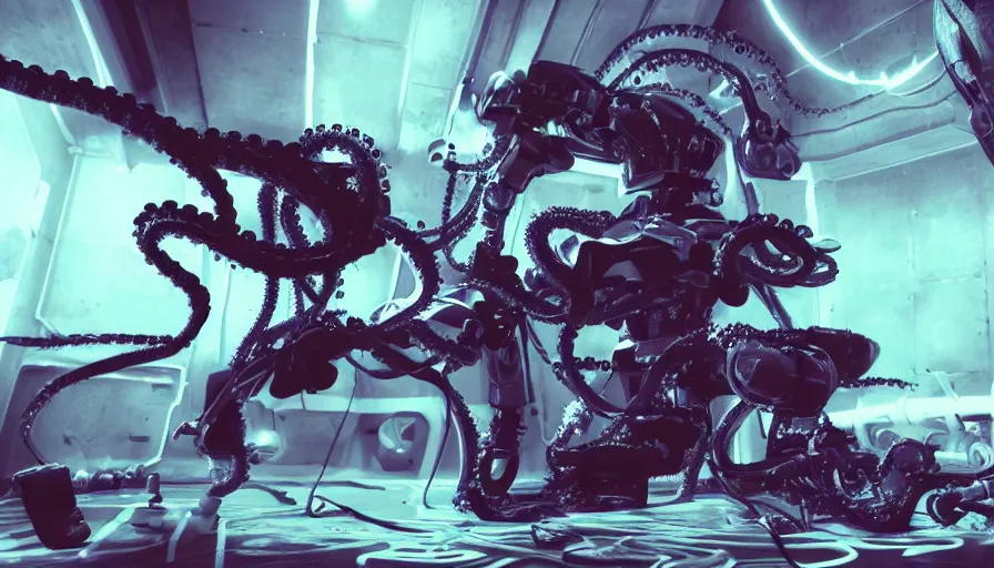 Image similar to color photograph of a battle cyborg fighting a robot octopus