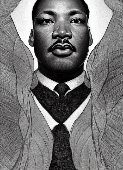 Prompt: Martin Luther King Jr handsome, intricate, elegant, highly detailed, centered, digital painting, artstation, concept art, smooth, sharp focus, illustration, art by artgerm and donato giancola and alphonse mucha