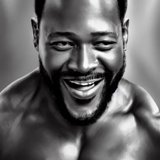 Prompt: marvin gaye with the physique of a body builder, hyper realistic and ultra detailed face, cinematic, dynamic lighting, photorealistic, refined, intricate, digital art, digital painting, masterpiece, 8k