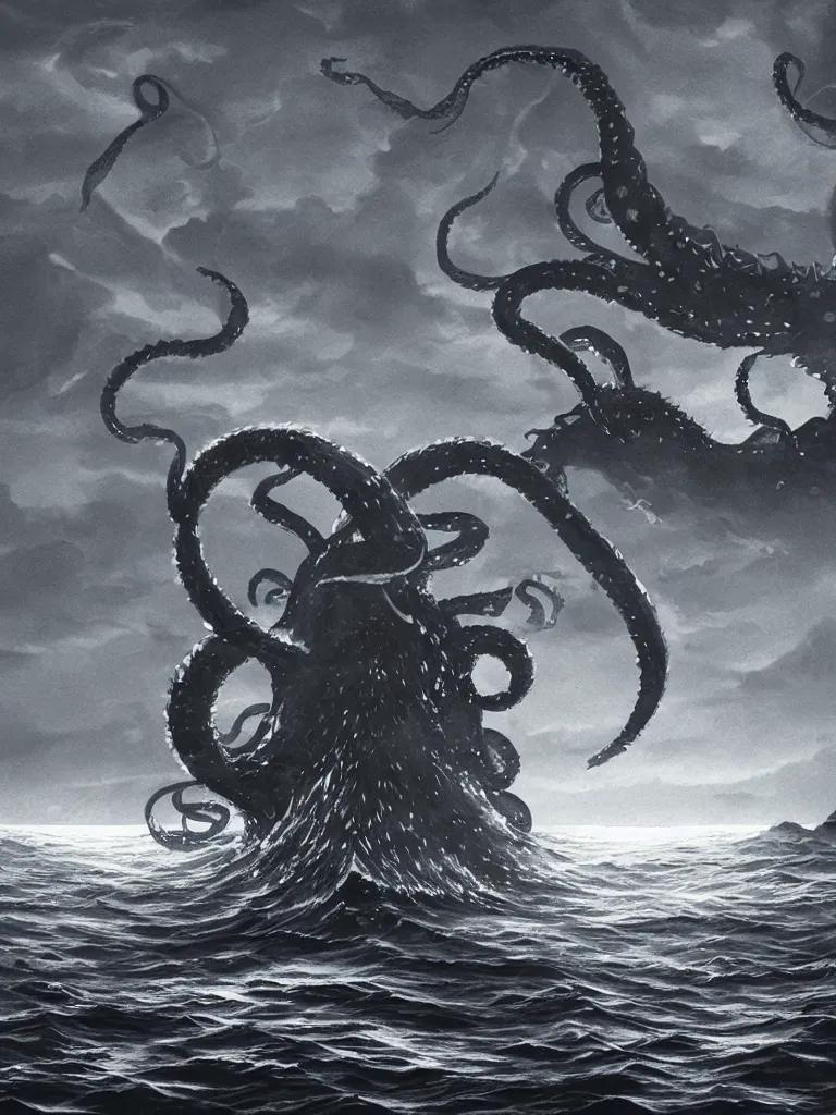 Prompt: minimalist digital art of a kraken attacking a ship on the surface of the ocean, detailed, dark, ominous