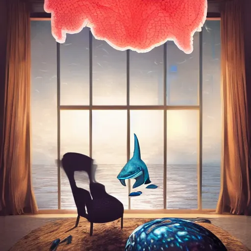 Prompt: photo of the modern fashionable room as aquarium with a chandelier as a big jellyfish, beautiful corals on the walls and dangerous sharks on the big panoramic window, realism, sharp details, cinematic, a lot of gleans, under the ocean, realistic colors, realistic shadows, daylight by beeple