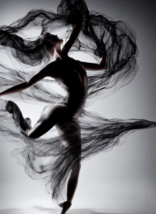 Image similar to a Photorealistic dramatic hyperrealistic render of a glamorous beautiful Female smoke dancer by Ken Brower and Deborah Ory of NYC Dance project,Lois Greenfield,Flowing cloth and smoke,Beautiful dynamic dramatic dark moody lighting,volumetric,shadows,cinematic atmosphere,Octane render,8K