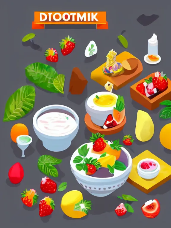 Image similar to miniature isometric diorama of yogurt with fruits, colorful