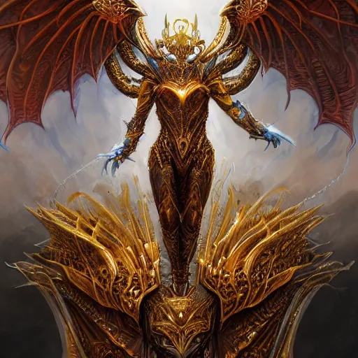 Image similar to a beautiful symmetrical muscular full body wearing a dragon armor with wings made of golden ornaments and gems, by alex gray and android jones , Karol Bak, Ayami Kojima, Amano , concept art, character design, fantasy,3D, 8k resolution