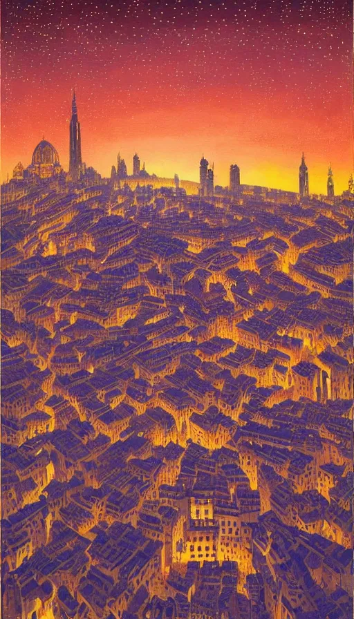 Image similar to The starlit city of wisdom and dreams at sunset, italian futurism, da vinci, Josan Gonzalez