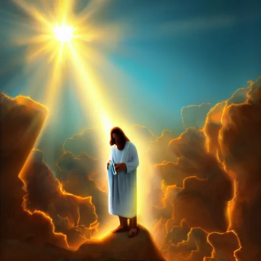 Prompt: jesus under the sun bringing light to earth, sun painted as bitcoin, glorious, heroic, dramatic, volumetric lighting, digital painting, ultra sharp, extreme details