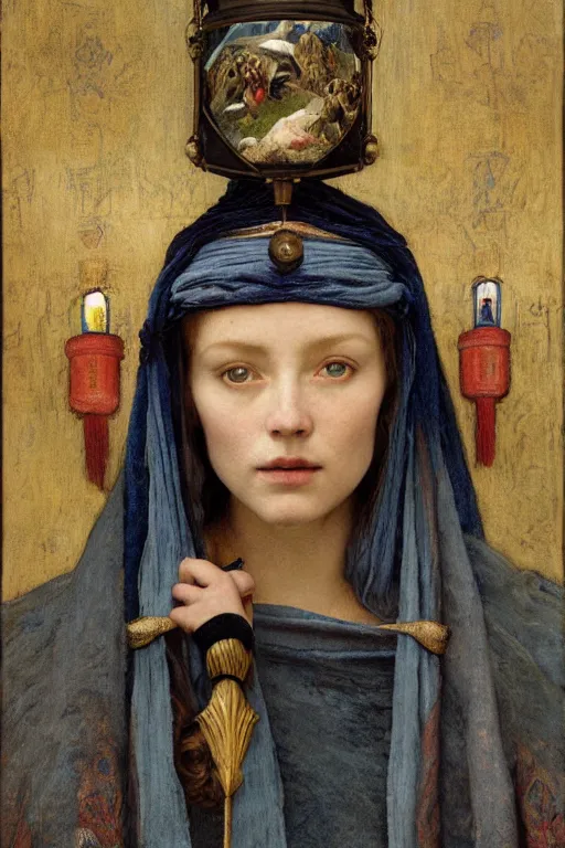 Image similar to portrait of the last witch of the dawn mountains with her lantern and regalia, by Annie Swynnerton and Nicholas Roerich and John Bauer and John William Godward and Donato Giancola and Vermeer, embroidered velvet, iridescent beetles, rich color, ornate headdress, flowing robes, lost runes, ancient civilizations, dramatic cinematic lighting, featured on Artstation, extremely detailed