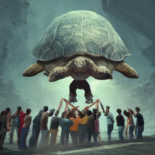 Prompt: people standing over a giant turtle, digital art, artstation, render