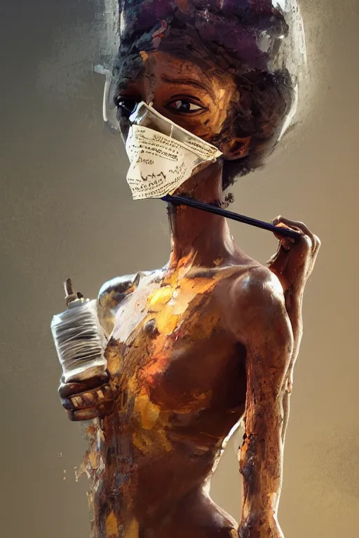 Image similar to epic 3 d straw masked omolu, liquid hands and feet spinning, 2 0 mm, with brown and tan mud melting smoothly into medicine and salves, intense, healing, intricate, houdini sidefx, trending on artstation, by jeremy mann and ilya kuvshinov, jamie hewlett and ayami kojima, 3 d bold