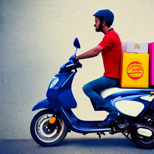 Prompt: delivery driver on moped delivering packages, bright color, bubbly, artistic rendering, cartoon, no blur, white background