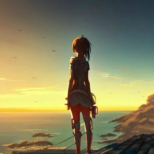 Image similar to A cyborg girl standing on the hill looking at the sea with a sunset in style of Makoto Shinkai and Cyberpunk. ArtStation, 8K, Highly Detailed, Intricate, Album Art.