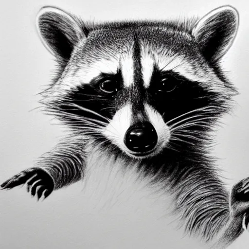 Image similar to a very detailed pencil drawing of a raccoon flipping the middle finger 4 k, high resolution, still, landscape, hd, dslr, hyper realistic, sketch