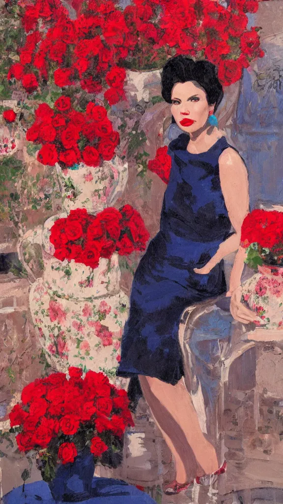 Image similar to portrait of rebekah delrio in lynch pattern dress beside of a big persian detailed pot of red roses, blue and red lights, mulholland drive, painted by craig mullins