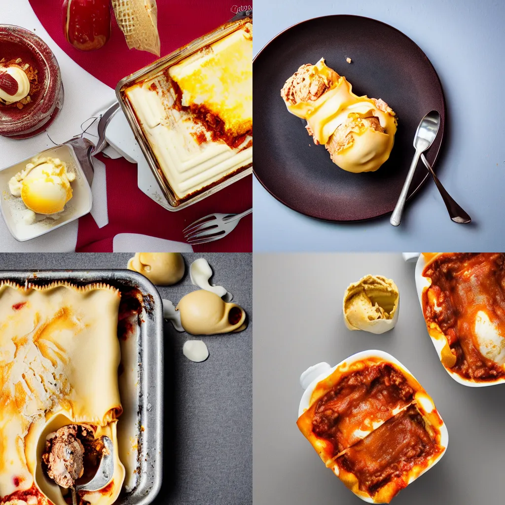 Prompt: lasagne ice cream, food photography, studio lighting