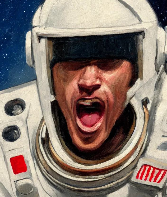 Image similar to a close up portrait painting of a man in an astronaut suit, the man is screaming and sad, highly detailed facial details, face close up, aesthetic architecture in the background, in the style of edward hopper, fine brush strokes, 4 k,