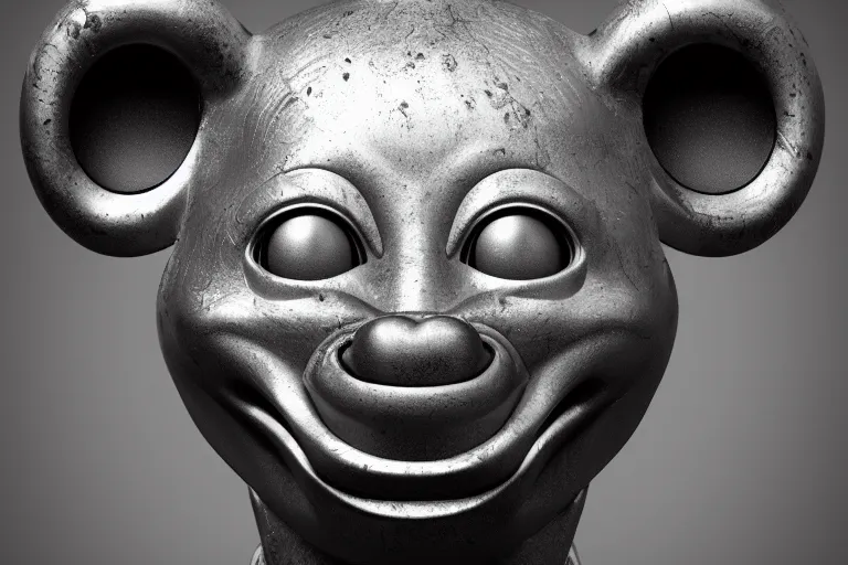 Image similar to stylized shiny polished silver statue full body extra limbs bizarre cosmic horror demonic demon made of marble of disney character mickey mouse, perfect symmetrical body, perfect symmetrical face, hyper realistic, hyper detailed, by johannen voss, by michelangelo, octane render, blender, 8 k, displayed in pure white studio room