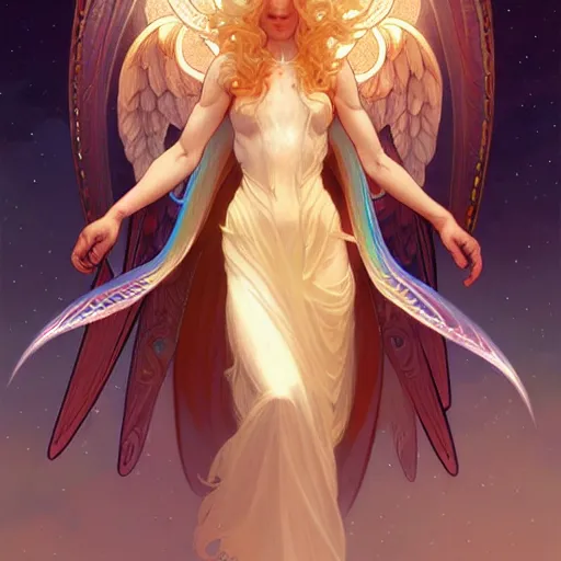 Image similar to Winged girl seraphim with blonde hair and glowing halo, iridescent, fantasy, intricate, elegant, highly detailed, digital painting, artstation, concept art, smooth, sharp focus, illustration, art by Krenz Cushart and Artem Demura and alphonse mucha