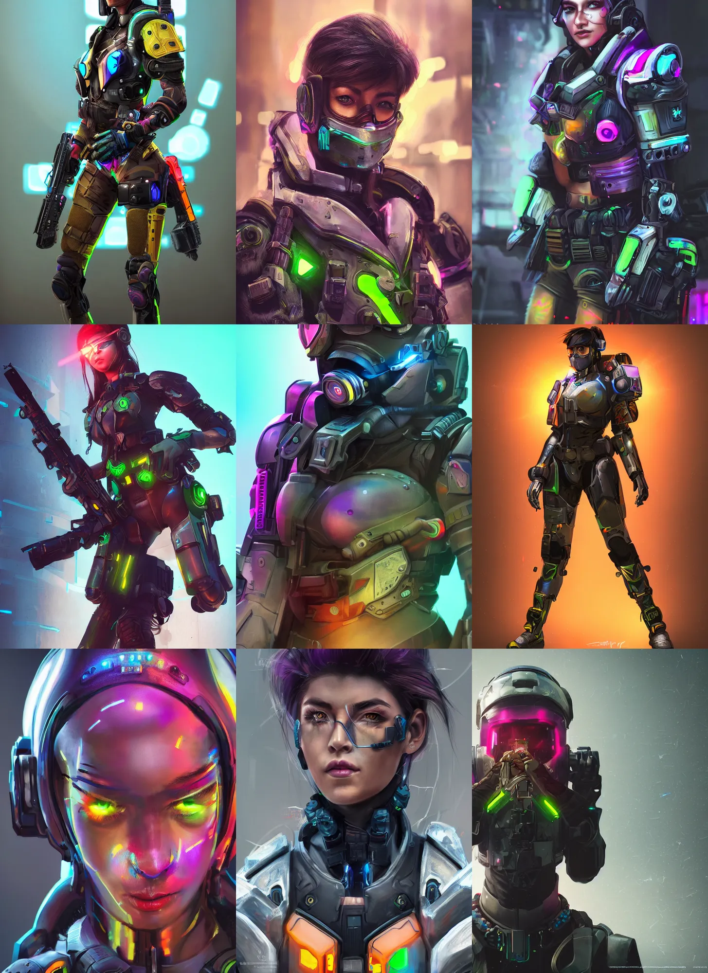 Prompt: a hyper realistic detailed military tech advanced cyberpunk neon colored portrait of a female warrior wearing overwatch armor, zoom lens, concept art, photography, realistic, 8 k, vray, concept armor, artstation, deviantart
