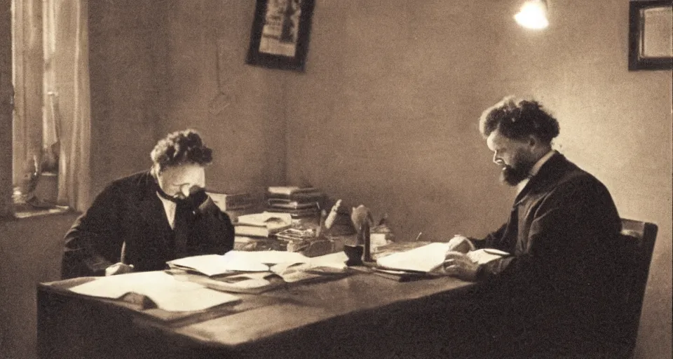 Prompt: august strindberg writing at a secretary desk in a small viennese apartment, night time, alone, lamplight, victorian era, depth of field