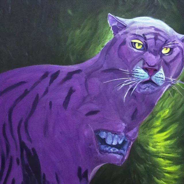 Image similar to closeup of a purple panther roaring at the moon in the forest. night. large moon in the center. cinematic. oil painting. concept art