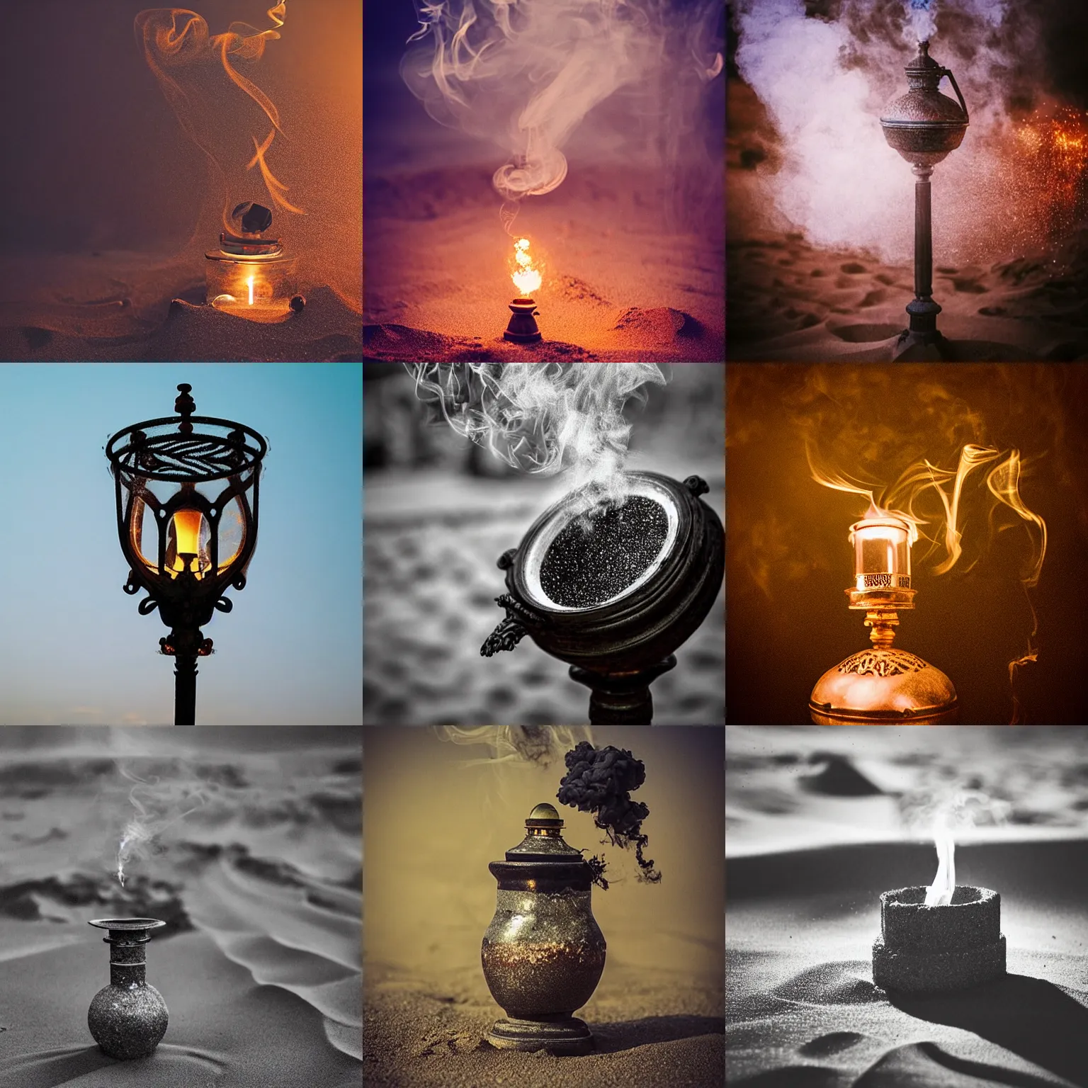Prompt: “Magic smoke swirling dramatically out of an ornate oil lamp in the sand, Byzantine city, swirly smoke, surrounded by Byzantine ruins, air particles, glitter, cinematic, dramatic, rule of thirds, 50mm lens, bokeh”