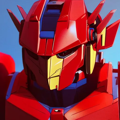 Image similar to red colored, gundam head, v - fin, octane render, soft light, mekka, behance, vector, highly detailed illustration, realistic, artstation. com, by kunio okawara, yoshikazu yasuhiko, syd mead, mamoru nagano,