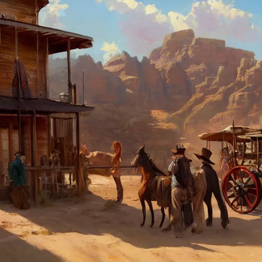 Image similar to greg manchess painting of a wild west town landscape in the year 1 8 5 0, painting, trending on artstation, by huang guangjian and gil elvgren and sachin teng