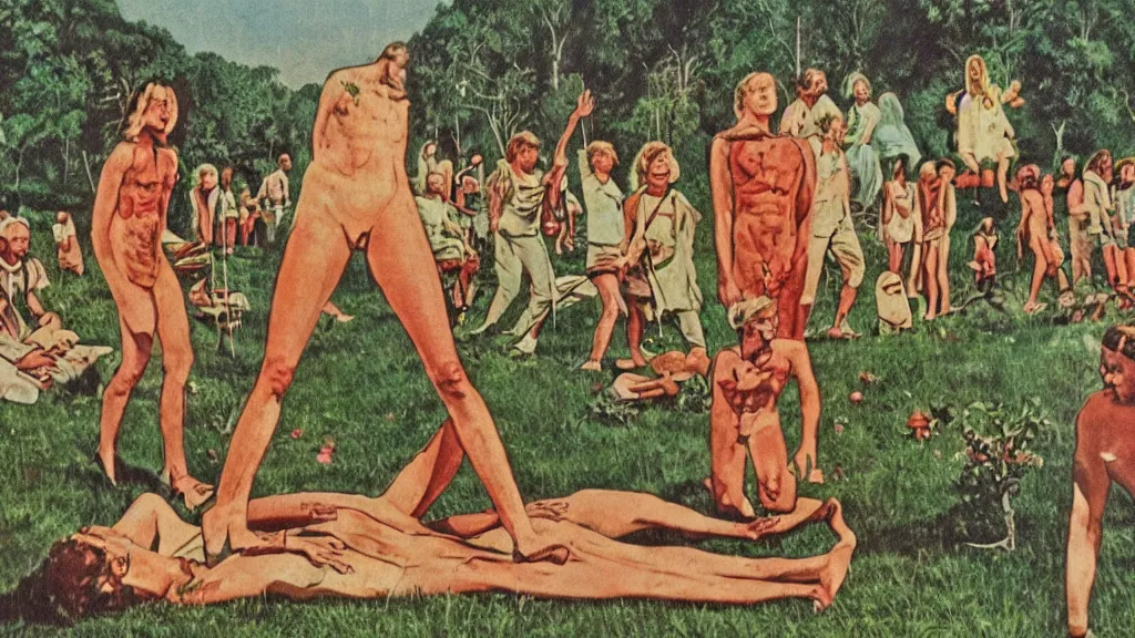 Image similar to A vintage scientific illustration from the 1970s of a Swedish cult performing a human sacrifice to the gods during the midsummer festival in Sweden in the summer on the meadows by Wes Anderson