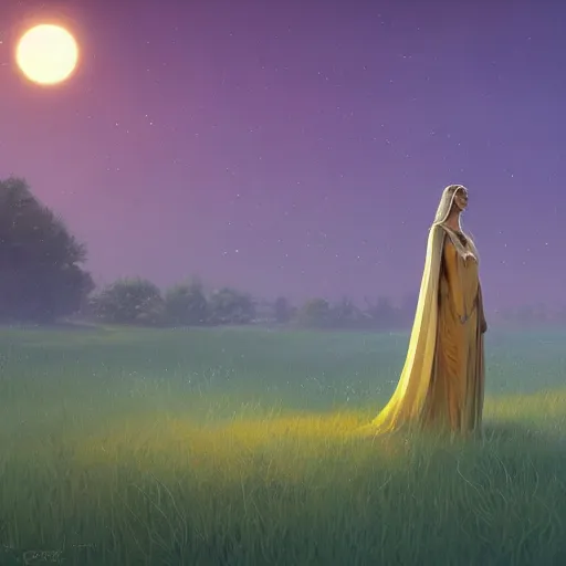 Prompt: digital painting of a goddess wearing a long gold cape creating life in a grass fiel, at night, stunning, cinematic lighting, concept art by greg rutkowski and simon stalenhag, artstation, cinematic, masterpice, insanely detailed, very realistic