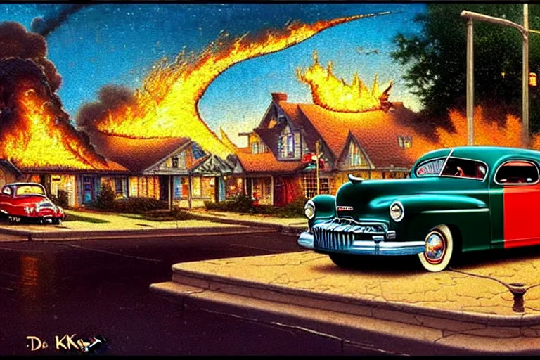 Prompt: in the style of norman rockwell, thomas kinkade, 1 9 4 8 desoto car, black, driving through a 1 9 5 0 s town that's on fire, night time, elaborate, high saturation, heat haze, hostile, bird's eye view