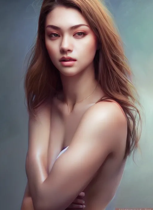 Image similar to photo of a gorgeous young woman in the style of stefan kostic, realistic, professionally retouched, half body shot, sharp focus, 8 k high definition, insanely detailed, intricate, elegant, art by stanley lau and artgerm